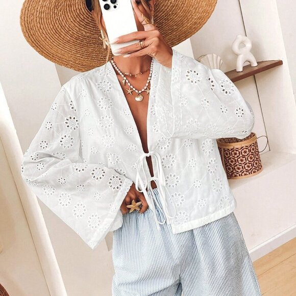 White Boho Women's Casual Woven Long Sleeve Front Tie Loose Blouse - Picture 4 of 6